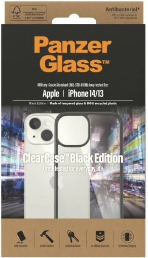 Mbështjellës PanzerGlass ClearCase për iPhone 14/15/13, transparent dhe zi