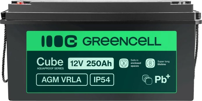 Bateri AGM VRLA, Green Cell, AGM12V250AH-J, 12V 250Ah, IP54, e zezë