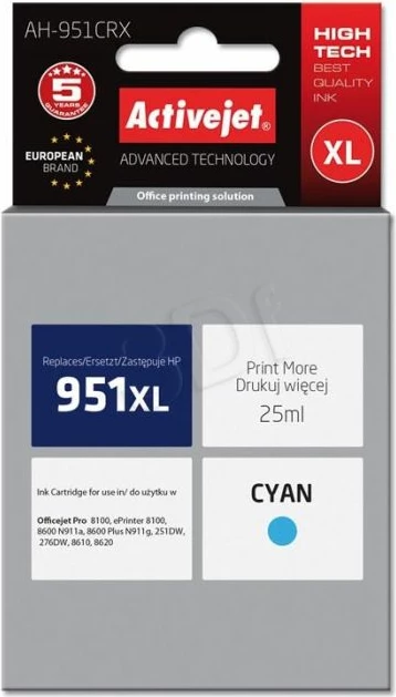 Toner ActiveJet AH-951CRX zëvendësues për HP 951XL (CN046AE), 25 ml, Cyan