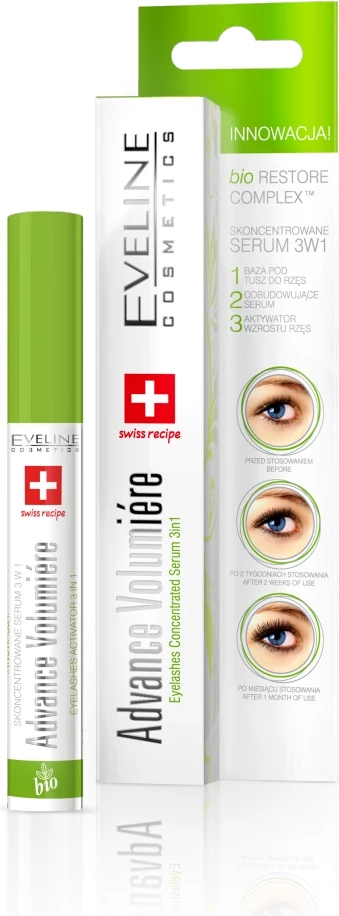 Serum për qerpikë Eveline Cosmetics Advance Volumiere 3-in-1 për femra, 8x10ml