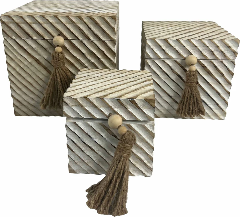 Kuti druri për ruajtje, set prej 3 copësh, ngjyrë natyrale-bardhë, 22x22x20cm