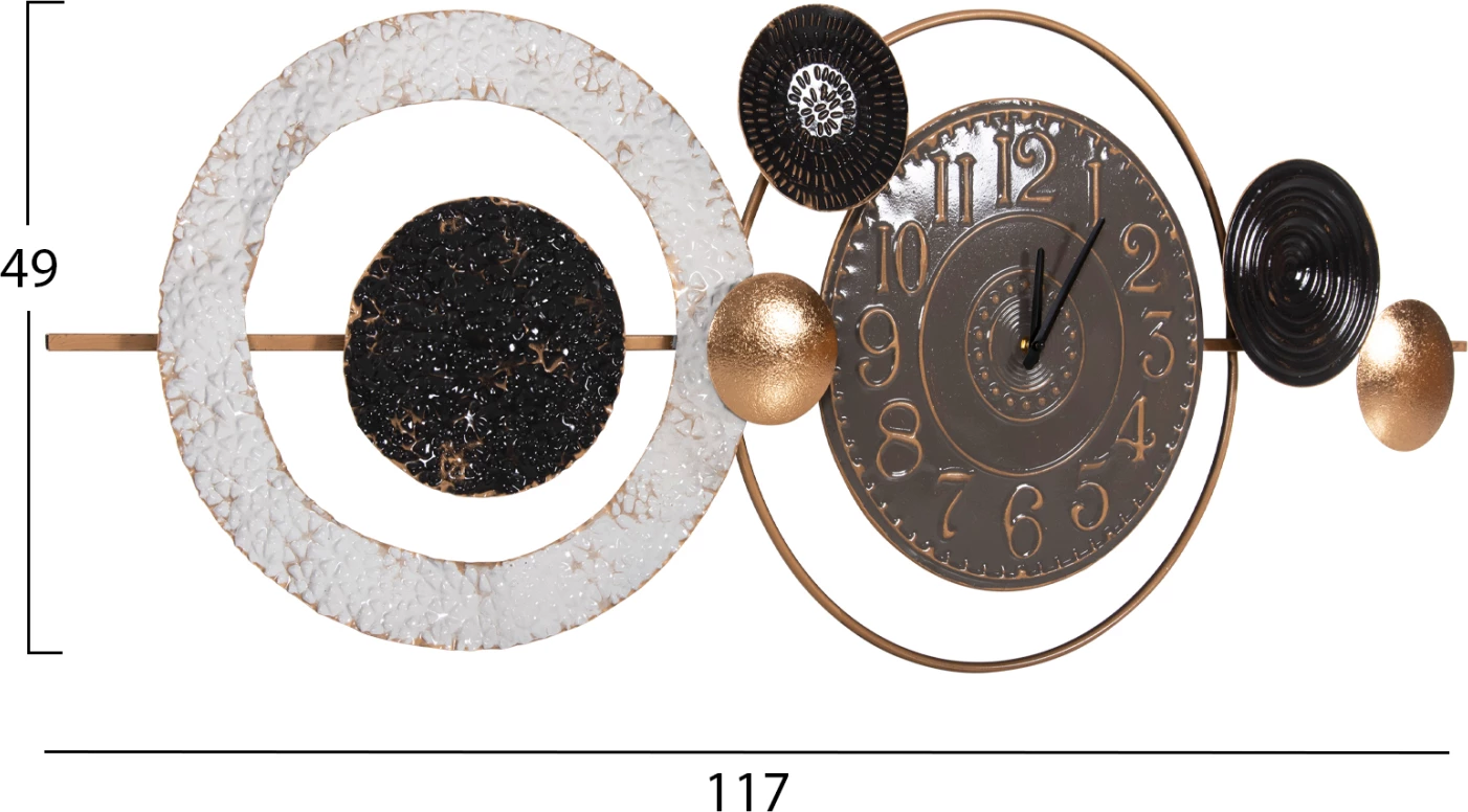 Orë muri metalike, ngjyrë gri, me tregues të zinj dhe numra të artë, FH4198, 117x49H cm