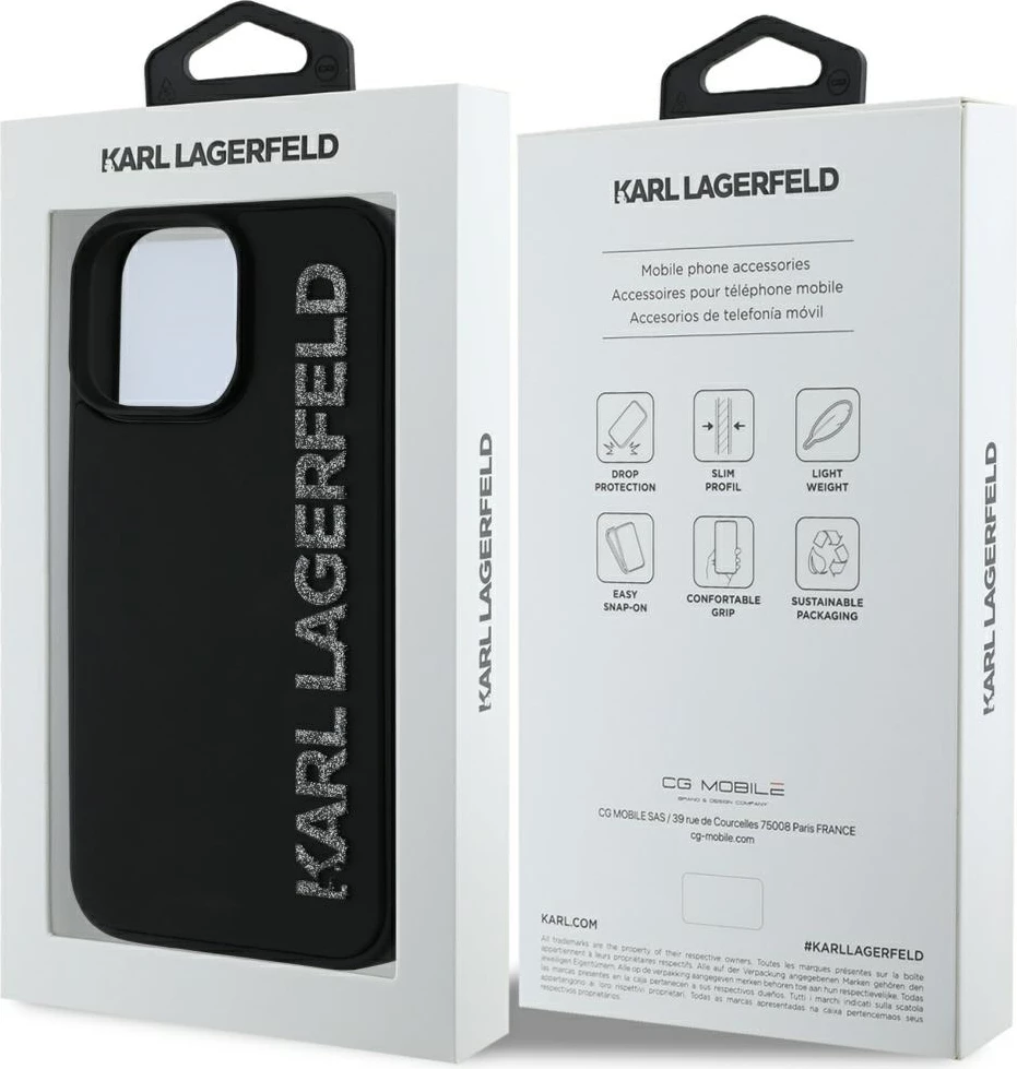 Mbështjellës, Karl Lagerfeld, HC 3D Rubber Elongated Glitter, për iPhone 16 Pro 6.3", hardcase TPU/silikon, zi