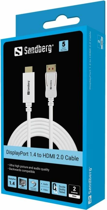 Kabllo lidhëse DisplayPort 1.4 në HDMI Sandberg 509-16, 2m, 4K@60Hz, e bardhë