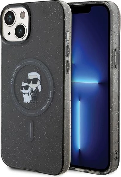 Mbështjellës Karl Lagerfeld Karl&Choupette Glitter MagSafe për iPhone 15 Plus, i zi