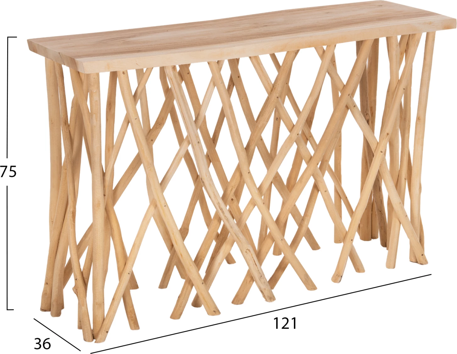 Konsolë stil rustik, degë TEAK, sipërfaqe tavoline 3cm, 121x36x75H cm, FH9805