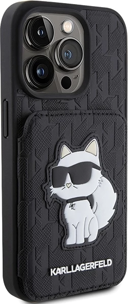 Mbështjellës Karl Lagerfeld Saffiano Cardslots & Stand Monogram Choupette për iPhone 15 Pro, e zezë