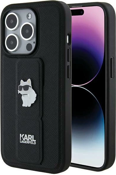 Mbështjellës Karl Lagerfeld Gripstand Saffiano Choupette Pins për iPhone 14 Pro, i zi