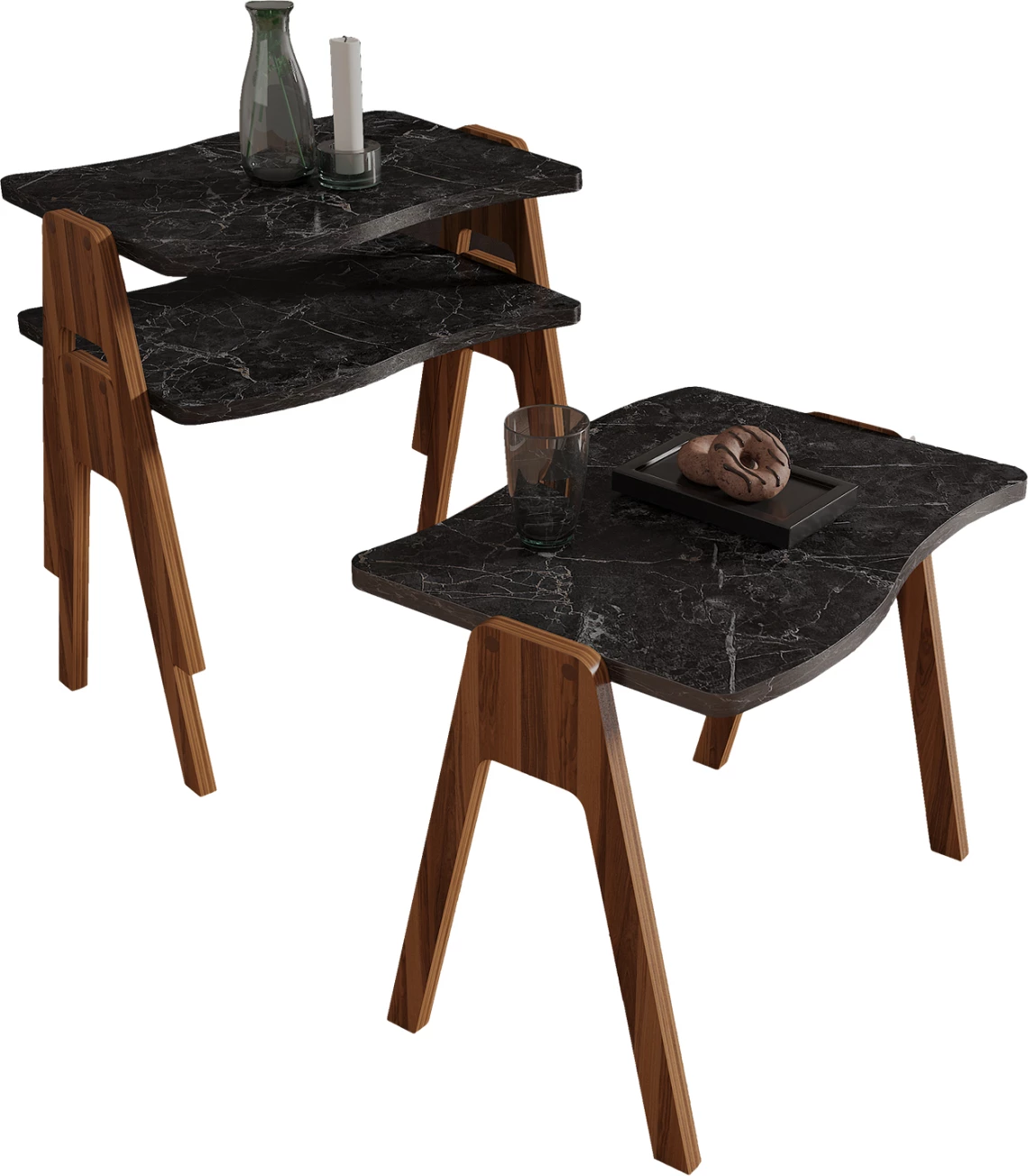 Tavolina anësore 3 copë set, melaminë, ngjyrë arre, sipërfaqe mermeri të zi, FH18175.02, 45x35x40Hcm