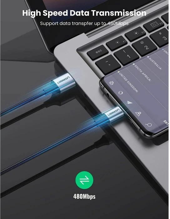 Kabllo USB-A 2.0 në USB-C UGREEN 60408, 3 m, 3A, e zezë