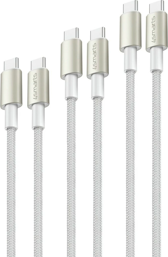 Kabllo USB-C 4smarts 540621, set 3 copë, 0.5m/1.5m/3m, 60W, argjendtë/bardhë