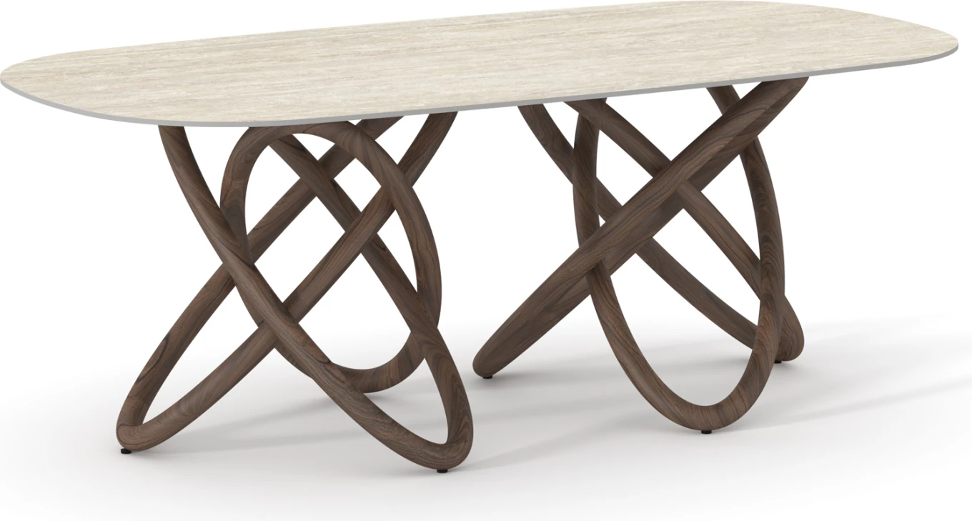 Tavolinë ngrënieje ORBITER, sipërfaqe qeramike, këmbë dru frashëri ngjyrë arre, 200x100x76.5cm