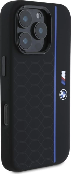 Mbështjellës BMW Silicone Hexagon Blue Line MagSafe për iPhone 16 Pro, i zi