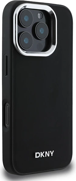 Mbështjellës DKNY Plain Silver Logo MagSafe për iPhone 16 Pro Max, i zi