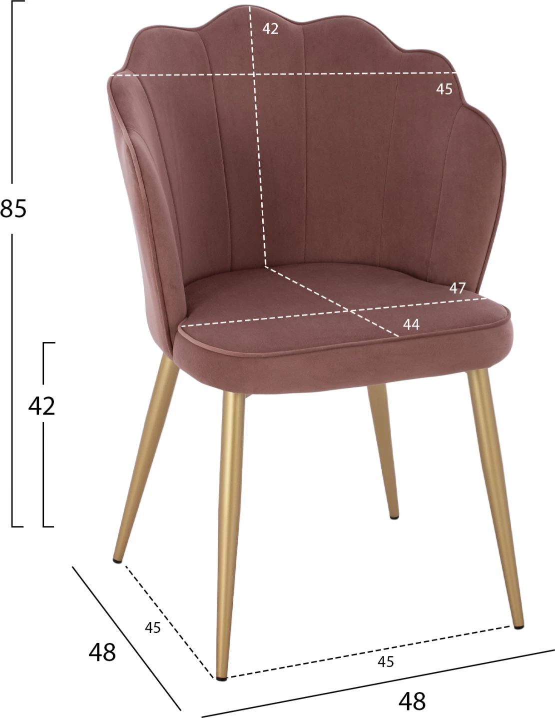 Karrige FH8737.02 kadife ngjyrë mollë e kalbur me kornizë metali ngjyrë ari 48x48x85 cm, set prej 2 copë