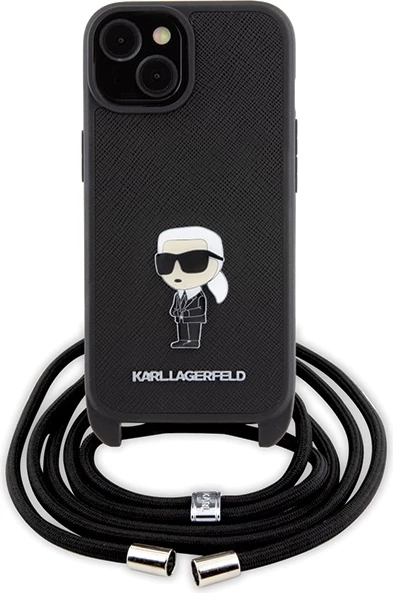 Mbështjellës Karl Lagerfeld Crossbody Saffiano Monogram Metal Pin Karl & Choupette për iPhone 15, i zi