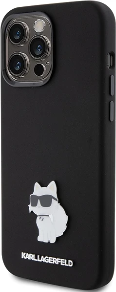 Mbështjellës Karl Lagerfeld Silicone Choupette Metal Pin për iPhone 15 Pro, i zi