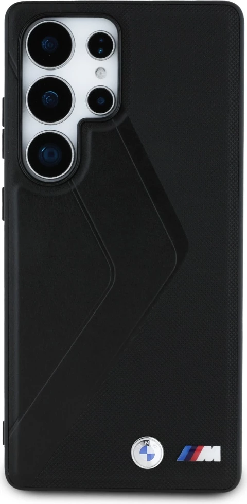 Mbështjellës BMW Leather Oversized Stripes MagSafe për Samsung Galaxy S25 Ultra, lëkurë natyrale, hardcase, i zi