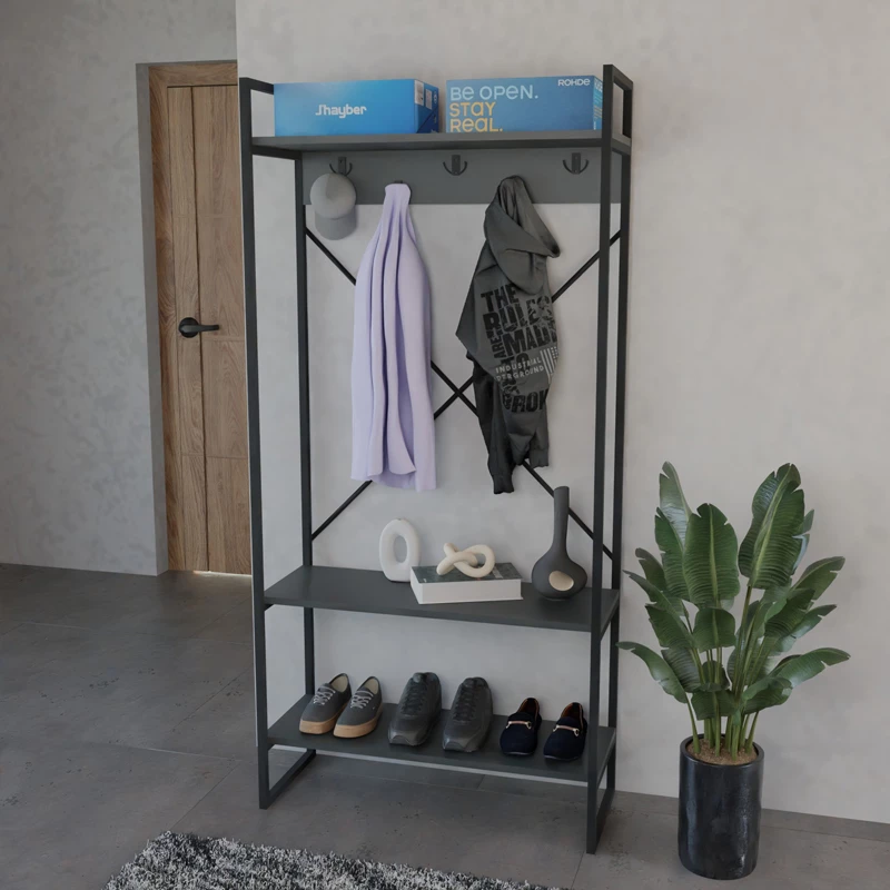 Mobilje hyrëse Levento, anthracite, kornizë metalike e zezë, 88x34x180cm