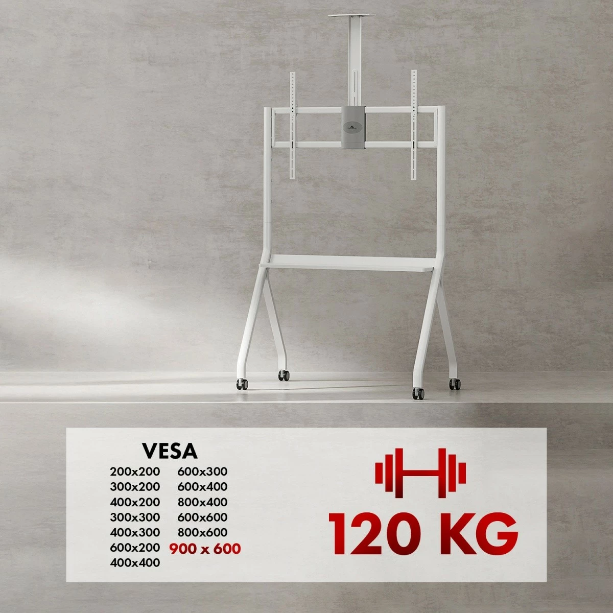stendë TV me rrota, Maclean MC-114 W, 55–100", 120 kg, VESA deri 900×600, e bardhë