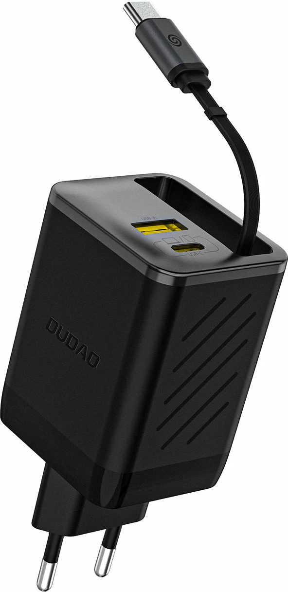 Karikues muri GaN, Dudao A67EU, 67W, 3 porta (USB-C, USB-A) me kabllo USB-C tërheqëse 60cm, EU plug, i zi