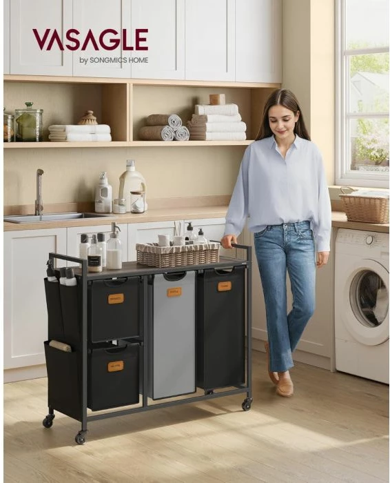 Shportë rrobash VASAGLE BLH203B01 150L me 4 ndarje (2x25L + 2x50L), karrocë me rrota dhe rafte, 98.6×33×80.5 cm, kafe gështenjë/zi/gri