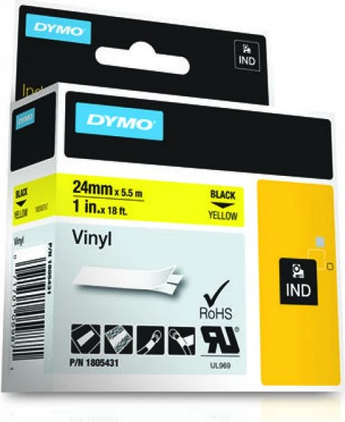 Shirit etiketimi vinil Dymo Rhino 1805431, i zi në të verdhë