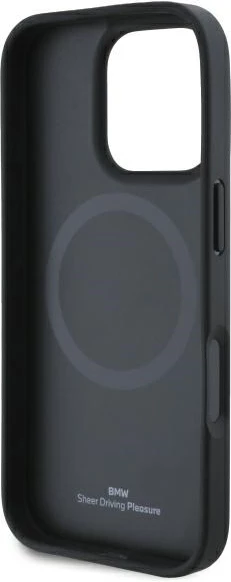 Mbështjellës BMW Sign Leather Diamond Metal Logo MagSafe për iPhone 16 Pro, i zi