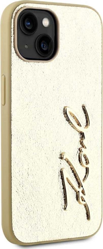 Mbështjellës Karl Lagerfeld Wrinkled Metal Signature për iPhone 15, Gold