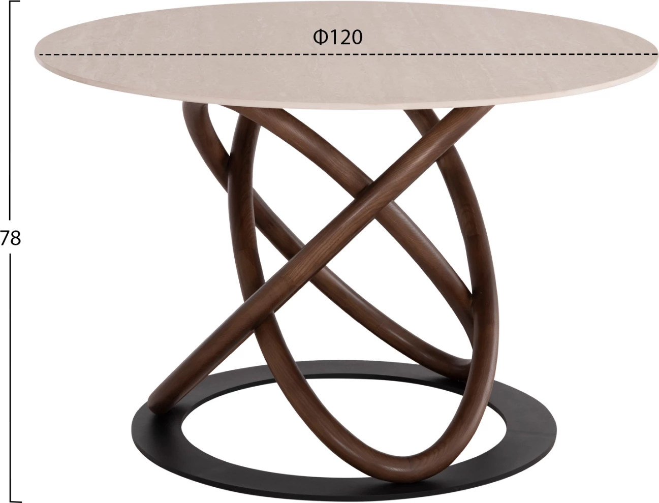 Tavolinë e rrumbullakët ngrënieje ORBITER, sipërfaqe qeramike, këmbë ngjyrë arre, F120x78H cm