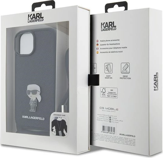 Mbështjellës Karl Lagerfeld Crossbody Saffiano Monogram Metal Pin Karl & Choupette për iPhone 15, i zi