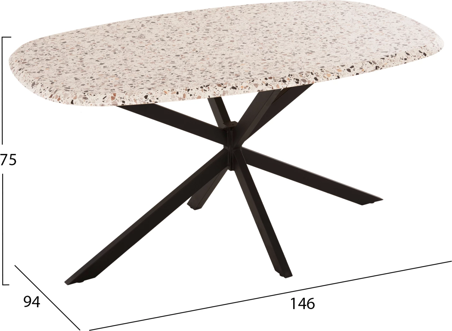 Tavolinë oval për ngrënie, sipërfaqe tavoline Werzalit, ngjyrë terrazzo, bazë metalike e zezë, 146x94x75H cm