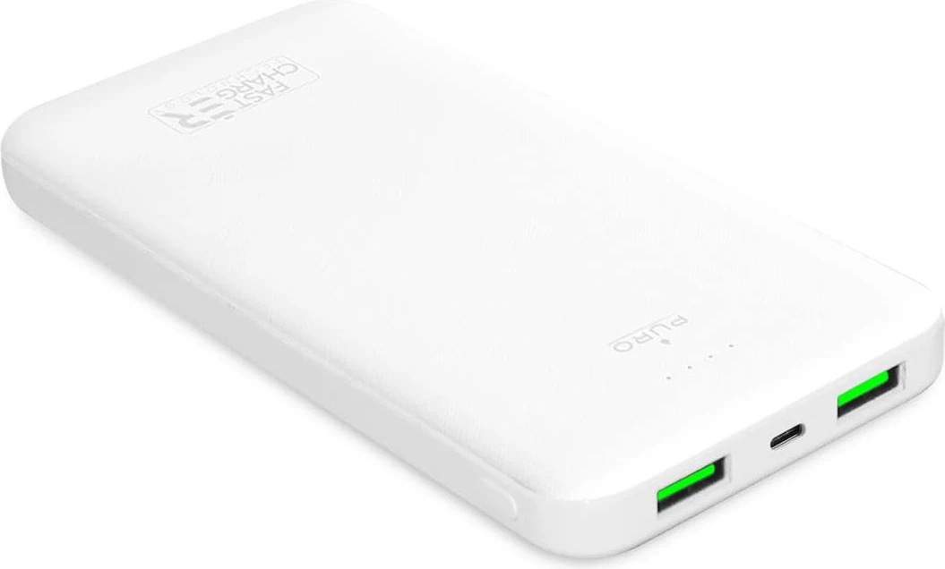Powerbank Puro White 10000mAh, 12W, 2xUSB-A + USB-C, Bardhë