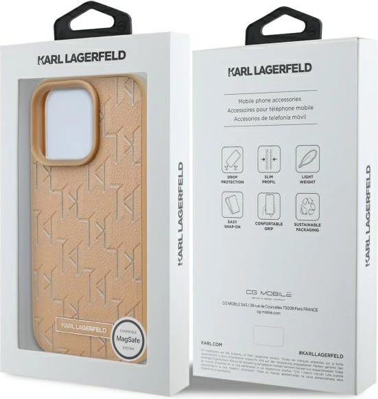Mbështjellës Karl Lagerfeld për iPhone 16 Pro, lëkurë, MagSafe, Bezhë