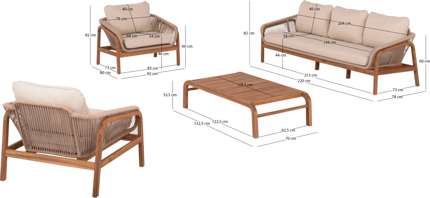 Set lounge për jashtë, 4 pjesë, druri akacie, alumin & litar, ngjyrë bezhë, OASIS CD6224
