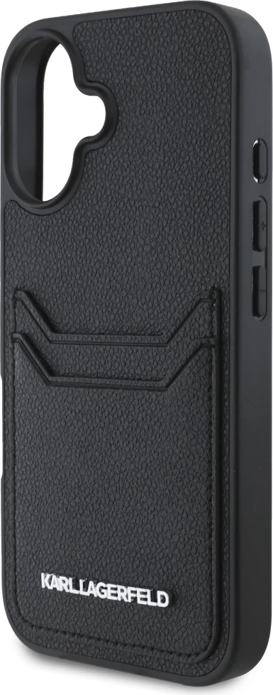 Mbështjellës Karl Lagerfeld HC Grained PU Cardslot Metal Elong për iPhone 16, e zezë