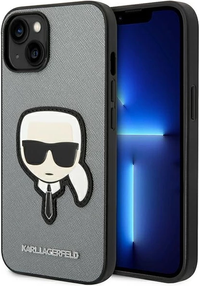 Mbështjellës Karl Lagerfeld KLHCP14MSAPKHG për iPhone 14 Plus 6.7", hardcase, Saffiano Karl's Head Patch, argjendtë
