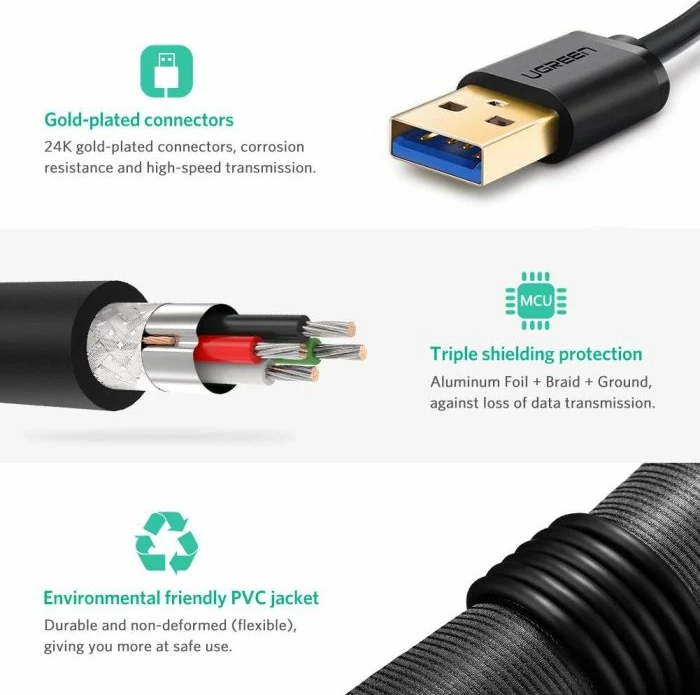 Kabllo USB 3.0 UGREEN USB-A mashkull-në-mashkull 1 m, e zezë, Polybag