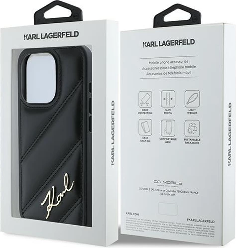 Mbështjellës Karl Lagerfeld Diagonal Quilted Script për iPhone 15 Pro Max, e zezë