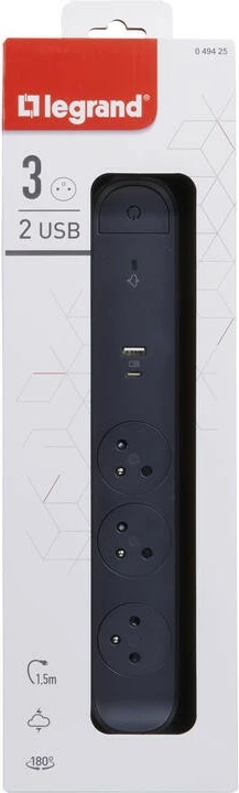 Zgjatues Legrand 049425, 3 prizë, 2 USB (USB-A/USB-C), 1.5m, i zi