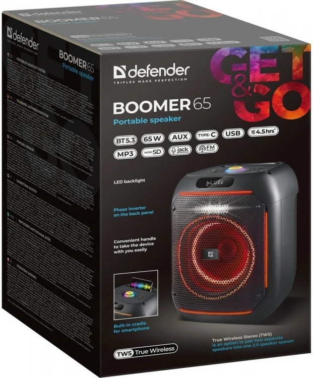 Altoparlant portativ Defender Boomer 65W me Bluetooth, LED, i zi