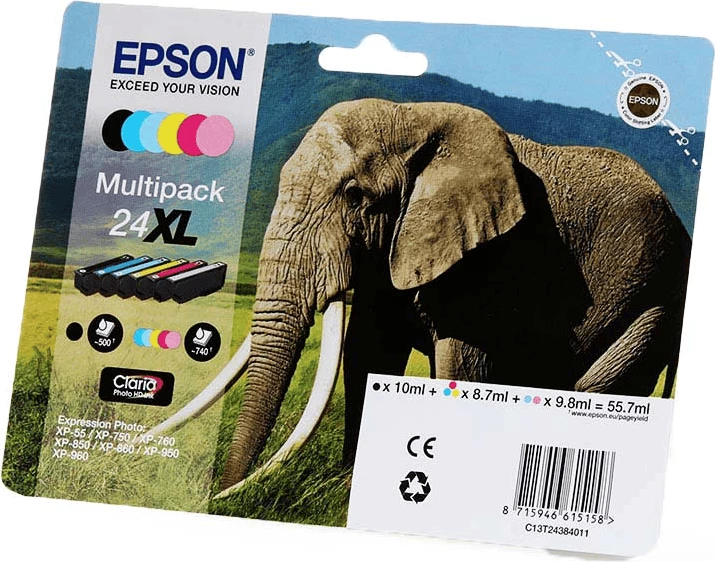 Bojë printeri Epson 24XL C13T24384011 rendiment deri 740 faqe, Black/Cyan/Magenta/Yellow/Photo Cyan/Photo Magenta, multipack