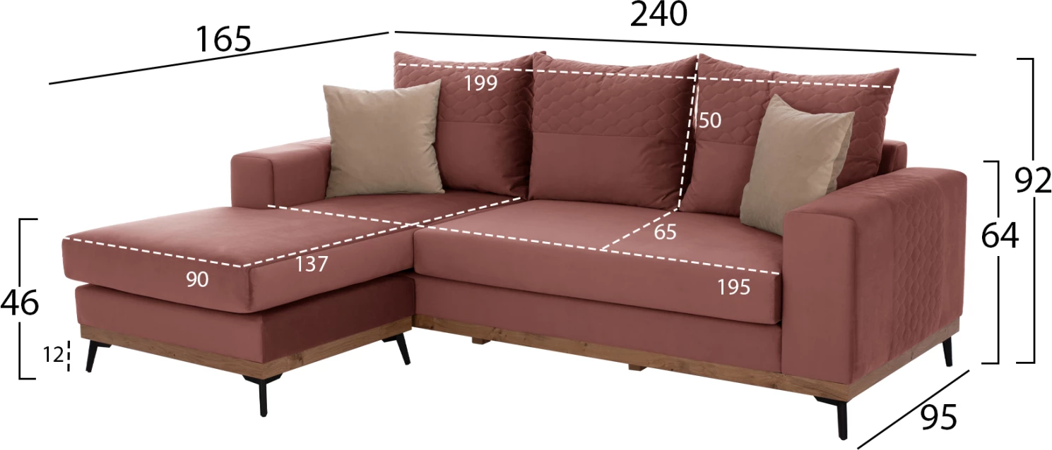 Divan qoshe PORTOFINO, rozë e zbehtë, këmbë të larta, 2 pjesë, pëlhurë rezistente ndaj njollave dhe ujit