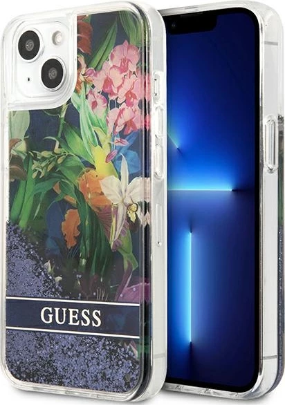 Mbështjellës Guess Flower Liquid Glitter për iPhone 13 mini 5.4", i fortë, Blu