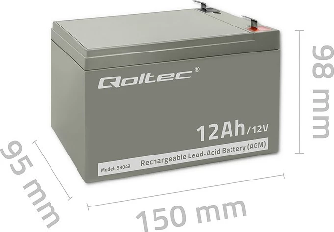 Bateri AGM Qoltec 53049, 12V, 12Ah, Gri