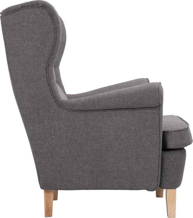 Fotel Malei, material gri, këmbë druri natyrale, 85x93x100cm