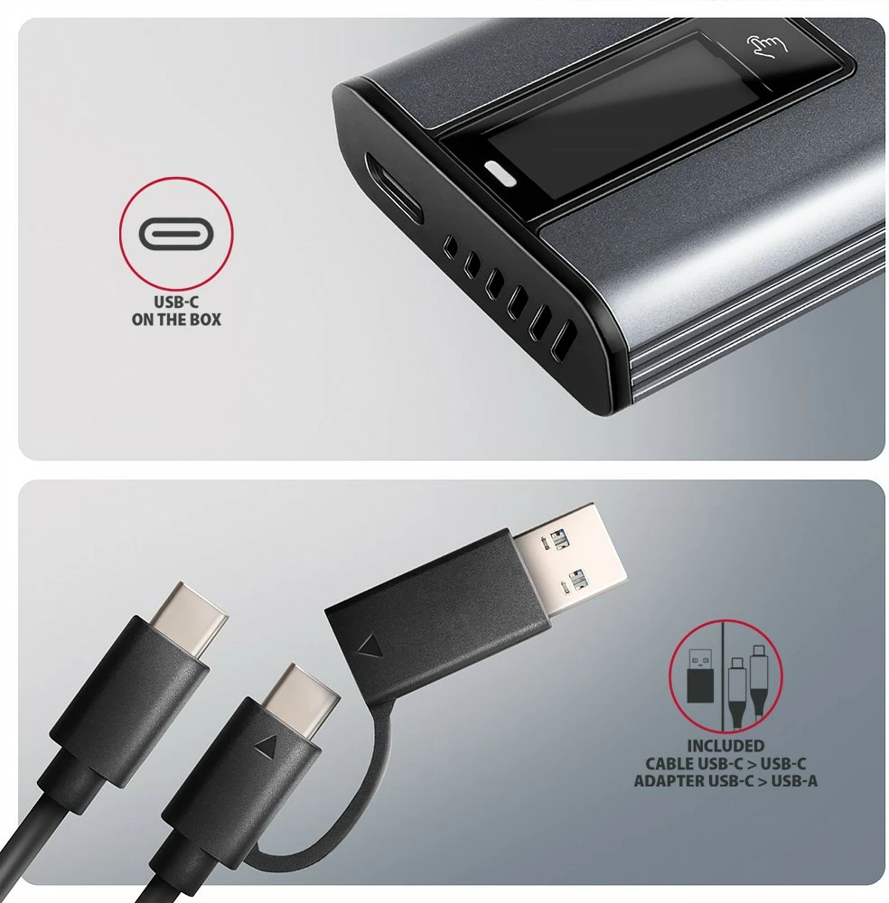 Kasë e jashtme AXAGON EEM2-SD2, për SSD M.2 NVMe/SATA, USB-A/C 3.2 Gen2, ekran LCD, Gri