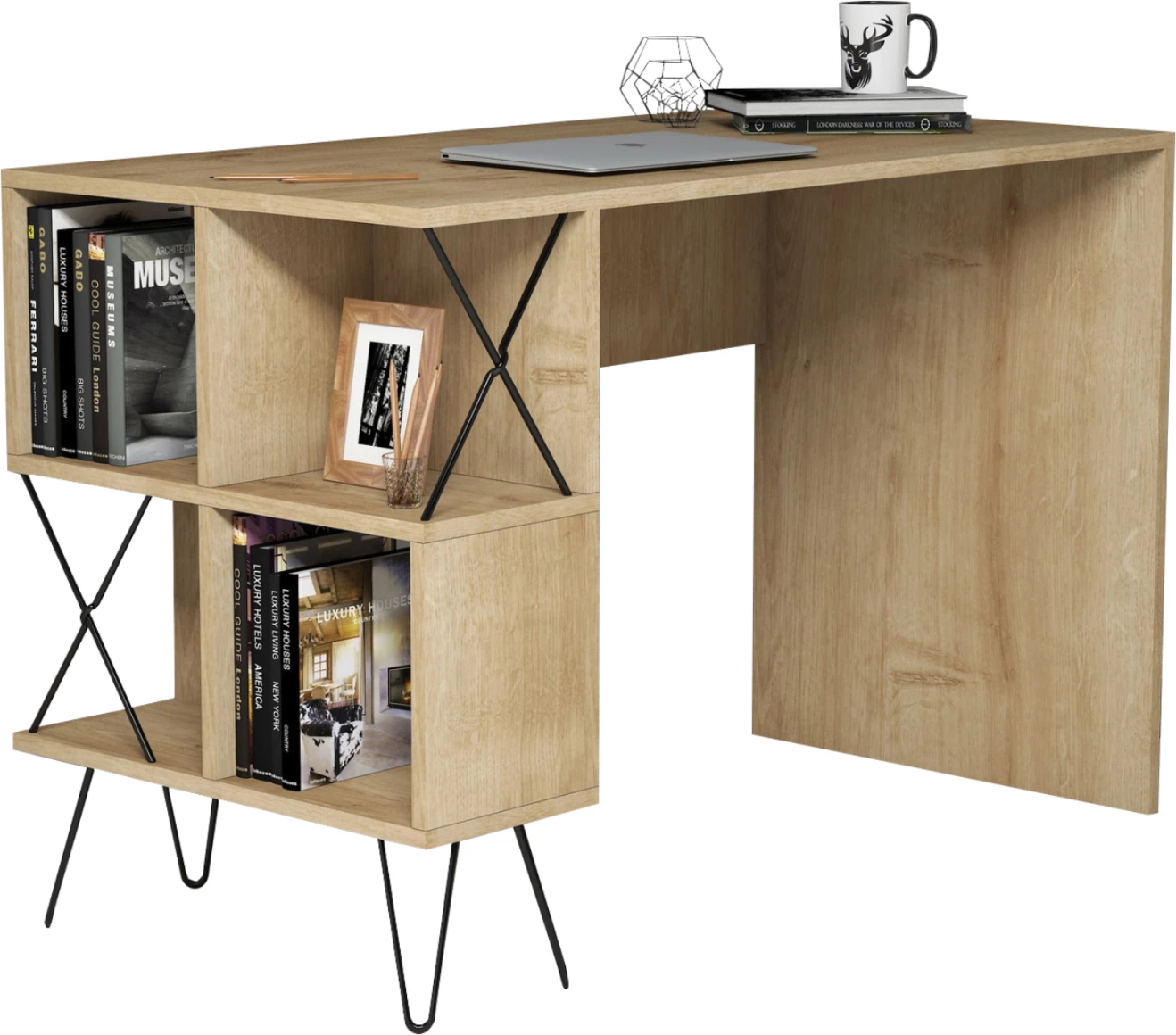 Tavolinë studimi FH9509.01, melaminë, ngjyrë lisi natyral, me rafte, 120x60x78.8 cm