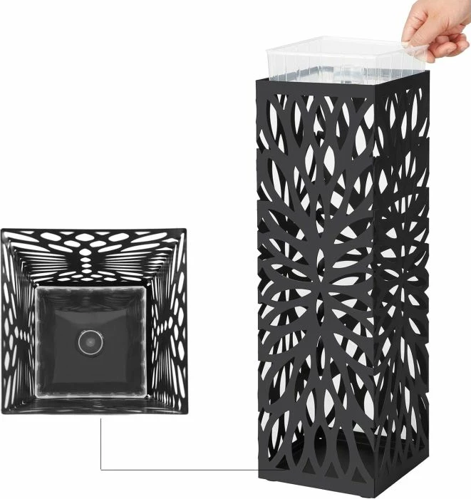 Mbajtës çadrash metalik SONGMICS LUC48B, me grepë dhe tabaka pikimi, 49 cm, i zi, set me tabaka dhe 4 grepë