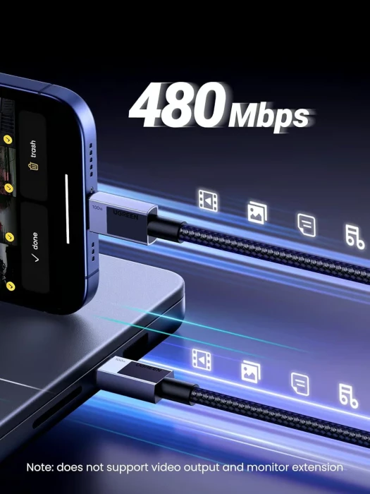 kabllo karikimi USB-C në USB-C UGREEN 45065 PD 3.0 100W 3m me thurje najloni, e zezë